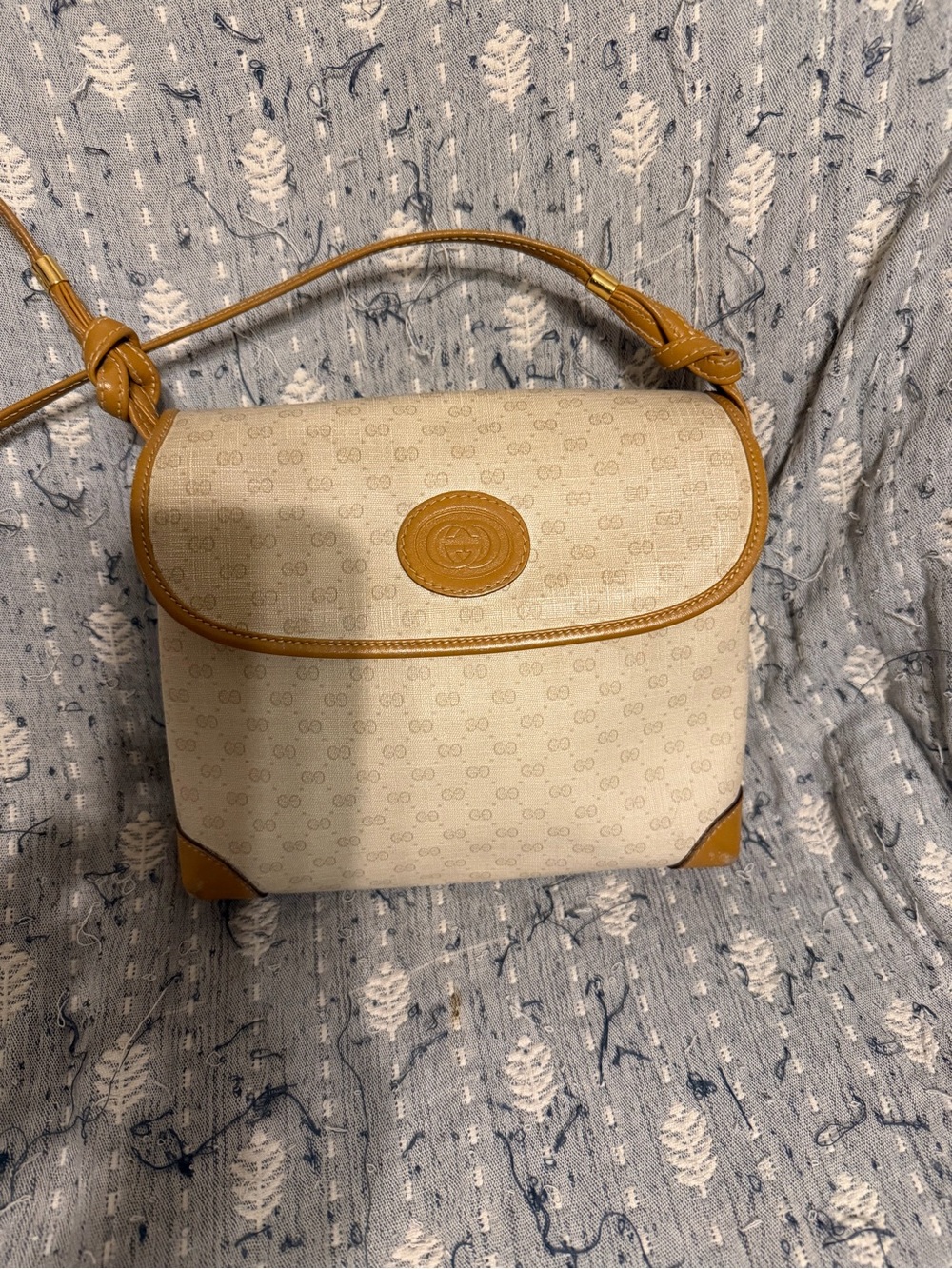 Gucci Cream Monogram Canvas Shoulder Bag with Tan Leather Trim